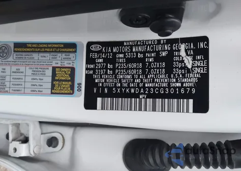 2012 Kia Sorento Sx V6 from USA, damaged, VIN 5XYKWDA23CG301679
